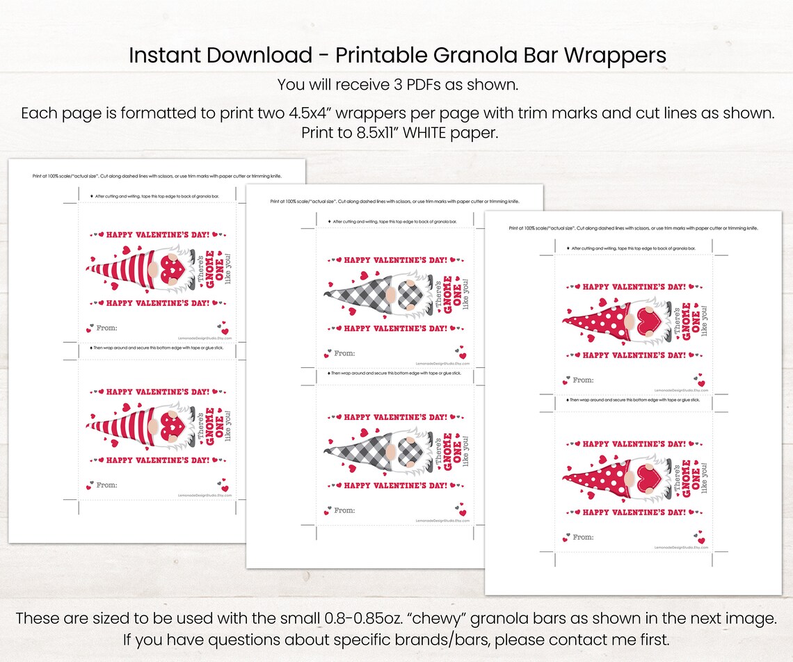 PRINTABLE Granola Bar Valentines Gnome Valentines Classroom Etsy