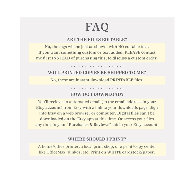 Peut inclure: FAQ sur les fichiers imprimables. Le texte explique que les fichiers ne sont pas modifiables, qu'ils sont t&eacute;l&eacute;chargeables instantan&eacute;ment et qu'ils peuvent &ecirc;tre imprim&eacute;s &agrave; la maison ou dans une imprimerie locale. Le texte explique &eacute;galement comment t&eacute;l&eacute;charger les fichiers.