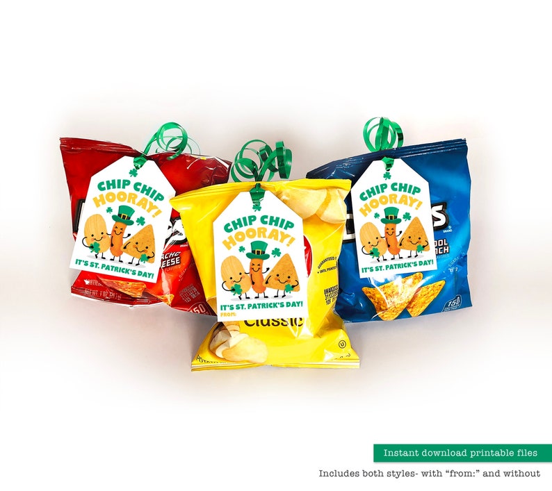 May include: Three bags of chips with printable gift tags that say "Chip Chip Hooray! It's St. Patrick's Day!" The tags feature a cartoon chip and dip with shamrock hats.
