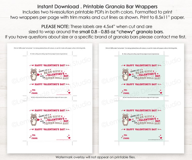 PRINTABLE Classroom Valentine's Kids, Bear Valentine Cards for Kids Valentines for Kids Granola Bar Wrappers, Printable Valentine Treat Tags image 3