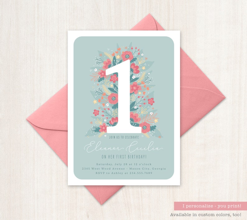 Printable First Birthday Invitation Girl Birthday Invite Pink Etsy