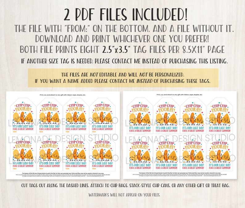 Printable Last Day of School Snack Tag Classroom Treat Tag Chip Hooray ...