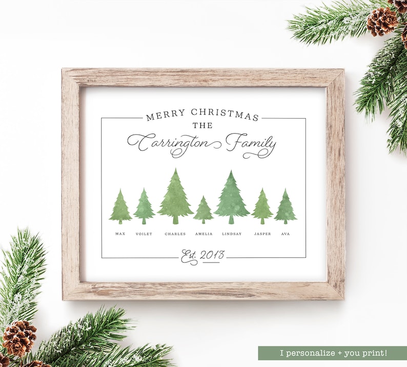 May include: A framed print with a light wood frame. The print features the text "Merry Christmas The Carrington Family" above a row of green watercolor Christmas trees. Names are listed below the trees, and "Est. 2013" is at the bottom.