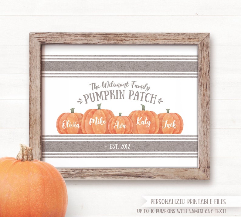 Fall Decor Printable Wall Art Personalized Family Pumpkin Patch Sign Fall Sign Autumn Decor Autumn Sign Fall Farmhouse Decor Grey Stripe image 1