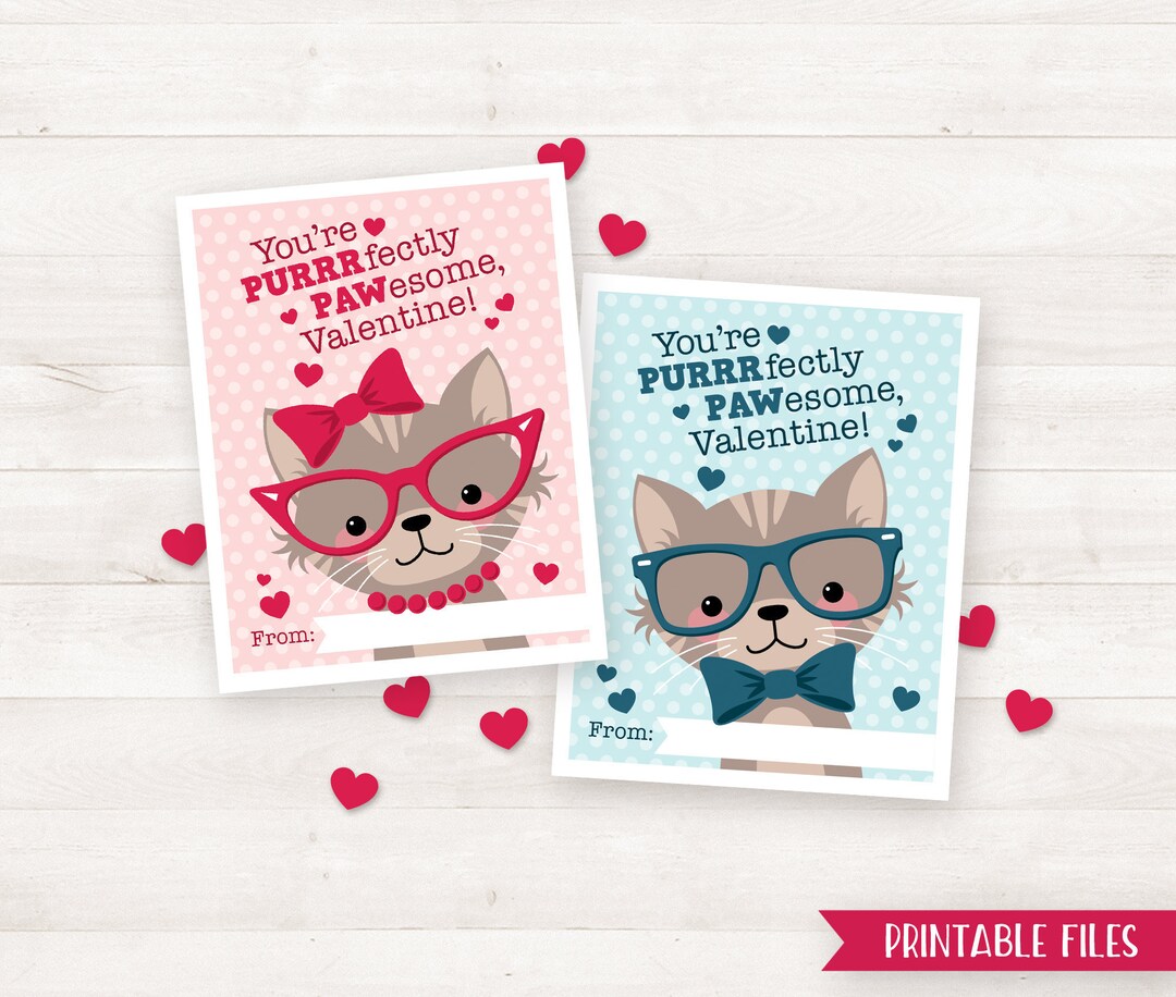 PRINTABLE Valentine Cards Kids, Cat Valentines for Kids, Classroom ...