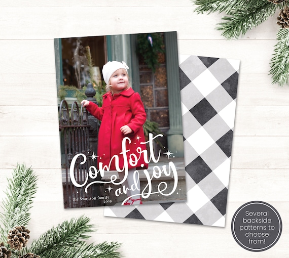 Printable Photo Christmas Cards Template Comfort and Joy Printable Holiday Card with Photo Holiday Card Christmas Card Plaid Christmas Photo Il_570xn