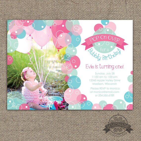 Bubble Birthday Invitation - Bubbles Party Invite - Pop on Over - First Birthday or ANY Age Any Text - ANY colors - Pink Aqua - Printable Il_570xn