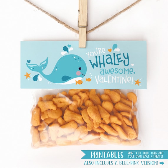 Valentines Day Kid Gifts for School PRINTABLE Valentine Cards for Kids Valentines Treat Bag Toppers Whale Valentine Tags Goldfish Valentines Il_570xn