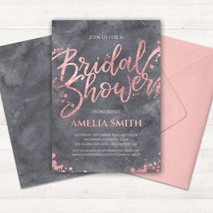 Rose Gold Bridal Shower Invitation, Grey Rose Gold Invitation, Printable Bridal Shower Invite, Pink Grey Watercolor Bridal Shower Invitation image 5