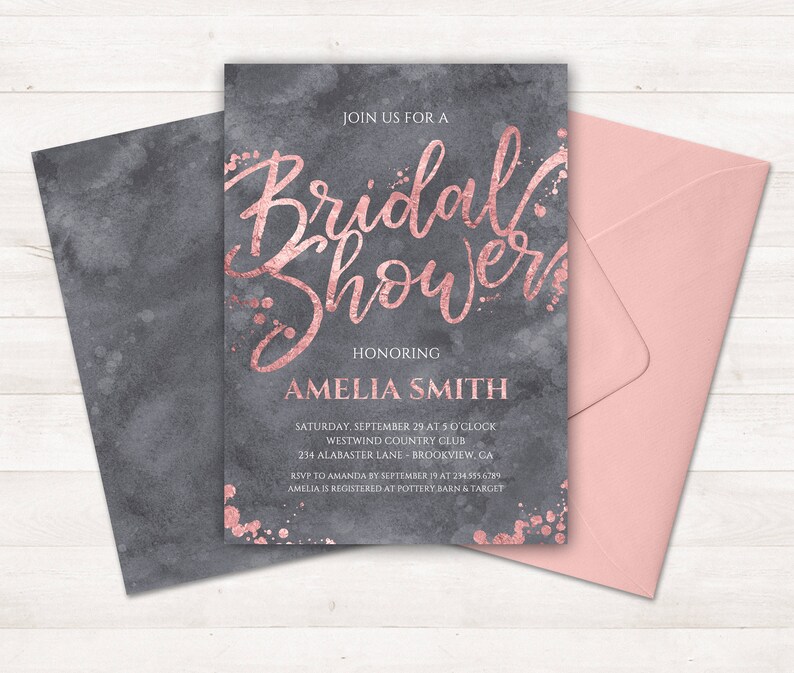 Rose Gold Bridal Shower Invitation, Grey Rose Gold Invitation, Printable Bridal Shower Invite, Pink Grey Watercolor Bridal Shower Invitation image 5