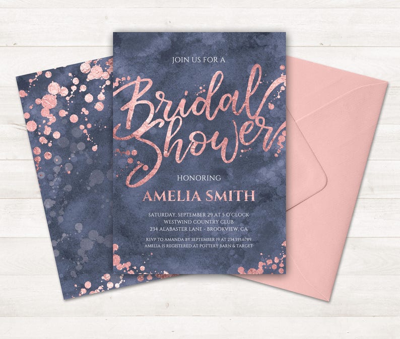 May include: A blue and rose gold bridal shower invitation with a watercolor background and gold glitter. The invitation reads "Join us for a Bridal Shower Honoring Amelia Smith" and includes the date, time, location, and RSVP information.