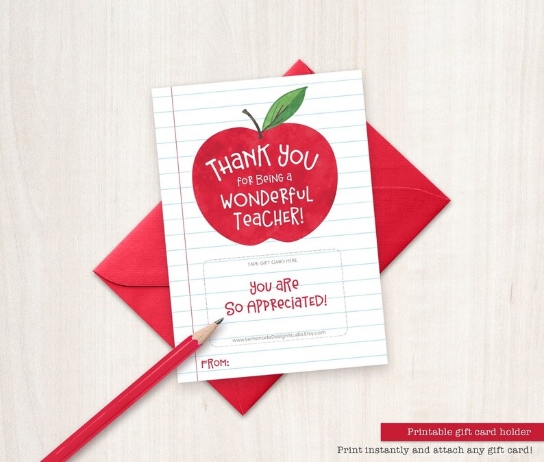 Printable Teacher Thank You Gift Card Holder Appreciation End Etsy