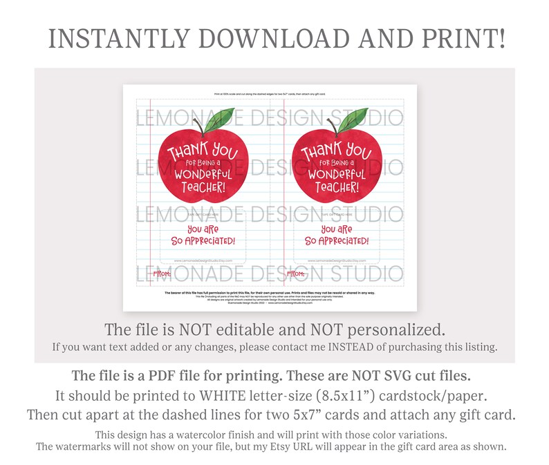 Printable Teacher Thank You Gift Card Holder Appreciation End - Etsy