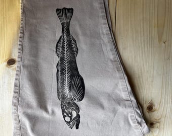 Hand Carved Block Printed Pants, Size 6 Tan Boot Cut Lingcod Fish Print