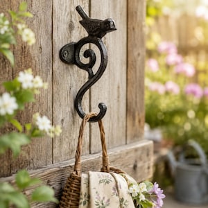 May include: A black metal wall hook featuring a bird figure perched atop a decorative scroll design. The hook is mounted to a wooden surface and holds a woven wicker basket containing a pair of floral patterned gardening gloves.