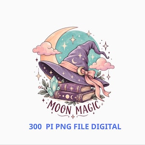 Magia lunare PNG, design per maglietta con cappello da strega, mezzaluna mistica, sublimazione strega celeste, clipart astrologia pastello, download digitale