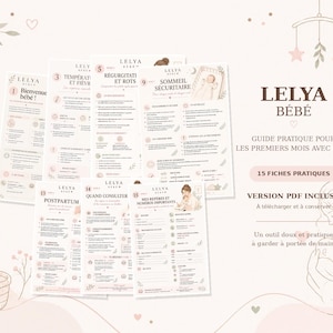 Peut inclure: Un ensemble de fiches pratiques LELYA BÉBÉ avec du texte en français, incluant des guides sur les soins du nouveau-né, le post-partum et la santé. Le design présente des illustrations rose pâle d'un berceau, d'un biberon et d'un parent.