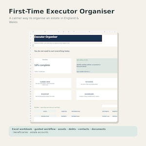 May include: A digital First-Time Executor Organiser spreadsheet for estates in England and Wales. The interface features sections for progress tracking, guided views, estate details, roadmaps, and dashboards, with tabs for assets, liabilities, and documents.