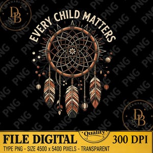 Puede incluir: Un gráfico digital que muestra un atrapasueños marrón y crema con plumas y cuentas, rodeado por el texto EVERY CHILD MATTERS. El diseño incluye un patrón de red circular, elementos decorativos colgantes y un logotipo con las letras DB.