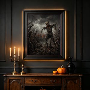 Scarecrow in Storm Wall Art, Creepy Rainy Cornfield Canvas Print, Gothic Horror Halloween Decor
