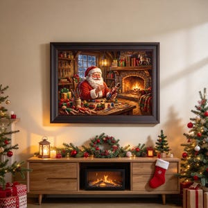 Santa's Workshop Canvas Wall Art, Vintage Toy Making Print, Christmas Fireplace Artwork