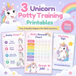 May include: Three unicorn potty training printable charts featuring a colourful unicorn character. The set includes a Potty Steps guide, a Daily Reward Chart with seven rows of stars, and a My Potty Sign. The design uses pastel colours and rainbows.