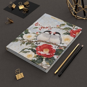 Japanese Java Sparrow Lined Journal, Winter Camellia Hardcover Notebook, Elegant Bird Gift Journal