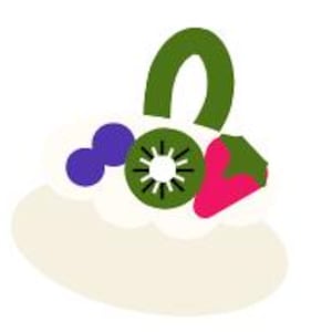 Può includere: Un dessert bianco di forma ovale sormontato da un manico verde, due mirtilli viola, un kiwi verde a fette con semi neri e una fragola rosa con una foglia verde. Il design è piatto e grafico, caratterizzato da colori vivaci e forme semplici.