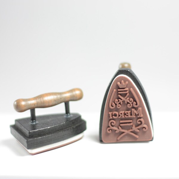 Merci Iron Shaped Wood Rubber Stamp