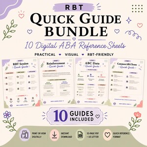 Op de afbeelding: Een digitale RBT Quick Guide bundel met 10 referentiebladen met tekst zoals RBT Quick Guide Bundle, 10 Digital ABA Reference Sheets, en titels zoals RBT Session, Reinforcement, ABC Data, en Common ABA Terms in een pastelkleurenpalet.