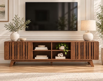 Mid Century TV Stand with Power Outlet Sliding Doors Adjustable Shelves 63 70 Inch