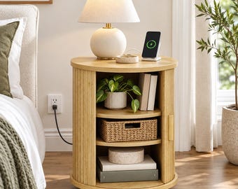 Round End Table with Charging Station Sliding Door Storage 16.93 Inch