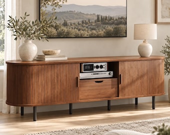 TV Stand with Power Outlet Sliding Door Adjustable Shelves 69 Inch