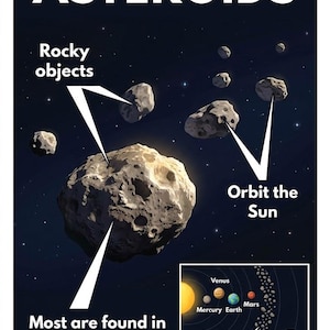 Peut inclure: Une affiche éducative intitulée ASTEROIDS présentant des illustrations d'objets rocheux gris et cratérisés dans l'espace. Des étiquettes indiquent qu'il s'agit d'objets rocheux orbitant autour du Soleil, principalement situés dans la ceinture d'astéroïdes.