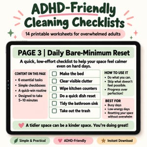 Op de afbeelding: Een digitale tablet met een afdrukbare schoonmaakchecklist. Het scherm toont pagina 3, getiteld Daily Bare-Minimum Reset, met zes taken met selectievakjes, instructies voor gebruik en een sectie met de beste toepassingen voor de lijst.