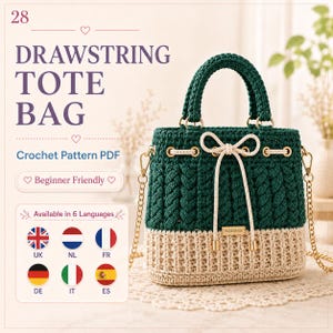 May include: A two-toned crochet drawstring tote bag featuring a dark green upper section with a braided texture and a beige lower section with a ribbed pattern. The bag includes a white drawstring closure, gold hardware, and a gold chain shoulder strap.