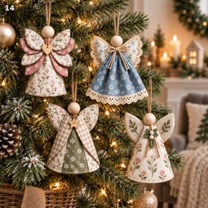 May include: Four fabric angel ornaments hanging on a Christmas tree. Each angel features a wooden bead head, fabric wings, and a cone-shaped dress with floral, gingham, or daisy patterns. They are suspended by twine loops and decorated with small wooden hearts or stars.