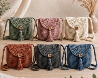 Crochet Crossbody Bag Pattern PDF, Structured Sage Purse with Flap, Tassel & Braided Strap
