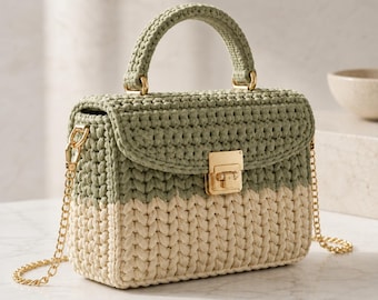 Crochet Box Bag Pattern PDF, Structured Top Handle Handbag, Sage Flap Purse, Instant Download