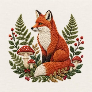 Könnte beinhalten: Ein Stickdesign auf weißem Stoff mit einem zentralen orange-weißen Fuchs, der zwischen grünen Farnwedeln, kleinen roten Beeren und mehreren rot-weiß gepunkteten Pilzen sitzt, die kreisförmig um das Tier angeordnet sind.