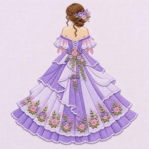 May include: An embroidery design featuring a figure with brown hair styled in an updo adorned with purple and pink flowers. The figure wears a layered, off-the-shoulder ball gown in shades of purple, decorated with floral embroidery and vines.