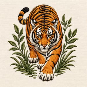 May include: An embroidered patch featuring a tiger with orange, black, and white fur, shown walking forward. The tiger is surrounded by green embroidered leaves on a cream-coloured fabric background, showcasing detailed stitching and texture.