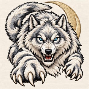 May include: An embroidered patch featuring a snarling wolf with thick white and gray fur, piercing blue eyes, and sharp claws extended forward. Behind the wolf is a textured gold crescent moon shape against a plain off-white background.