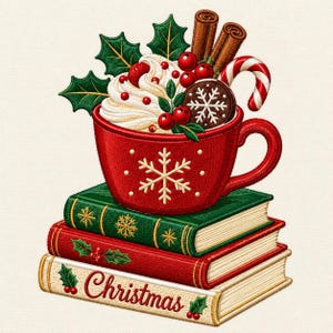May include: A red mug with a white snowflake design filled with whipped cream, red berries, cinnamon sticks, a candy cane, and a chocolate cookie, resting on a stack of three books colored green, red, and cream with the word Christmas printed on the base.