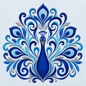 May include: An embroidery design of a peacock featuring a symmetrical display of tail feathers in shades of royal blue, light blue, and silver. The central peacock figure has a long neck and a crest, surrounded by intricate swirling patterns.