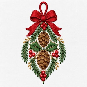 May include: An embroidered ornament design featuring two brown pinecones centered among green pine needles and holly leaves. The arrangement is accented with clusters of bright red berries and topped with a large, vibrant red fabric bow.