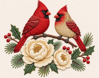 May include: An intricate embroidery design featuring two northern cardinal birds perched on a branch. One bird is vibrant red, the other is a mix of red and tan. Below them are two cream-colored flowers, green holly leaves, and small red berries.