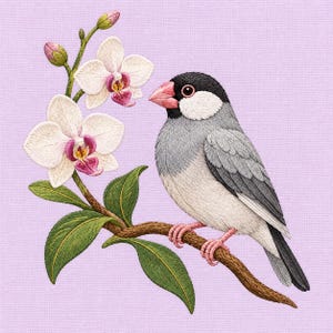 Java Sparrow Orchid Machine Embroidery Design with Ivory Flowers, Botanical Digital Download
