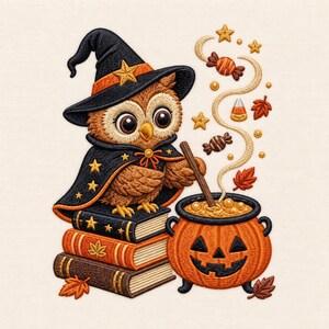 Può includere: Un ricamo raffigurante un gufo marrone con cappello da strega e mantello nero con stelle gialle, appollaiato su tre libri accanto a un caldero a forma di zucca arancione. Vapore, caramelle e foglie autunnali circondano la composizione.