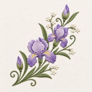 Peut inclure: Un motif de broderie représentant deux fleurs d'iris violettes avec des centres jaunes, deux boutons d'iris fermés et plusieurs petites fleurs blanches avec des tiges et des feuilles vertes. L'arrangement floral est sur un tissu clair.